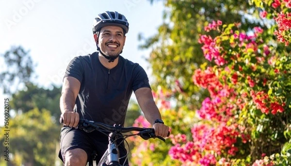 Obraz Man riding a bike outdoors, smiling with flowers and trees in the background