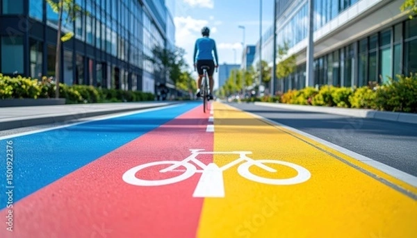 Obraz Cyclist rides a colorful bike path in urban area