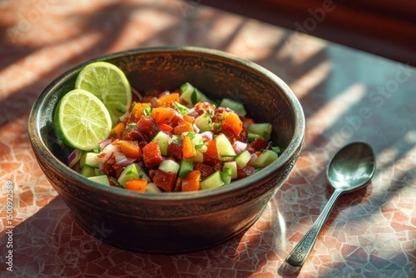 Fototapeta Colorful chopped salad with lime wedges in ceramic bowl, with spoon, on a textured surface dappled with sunlight