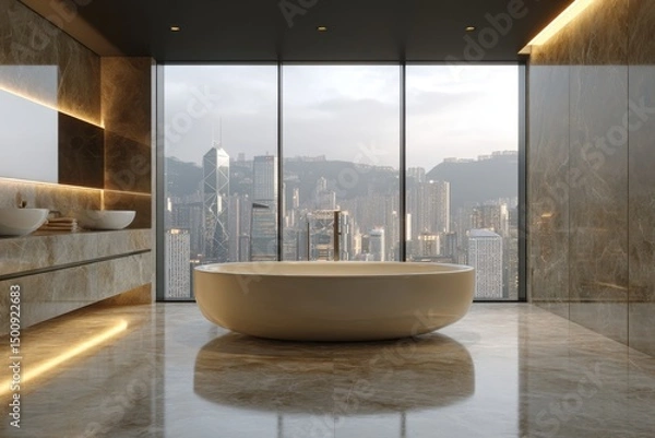 Fototapeta Luxurious marble bathroom with panoramic city view from large window