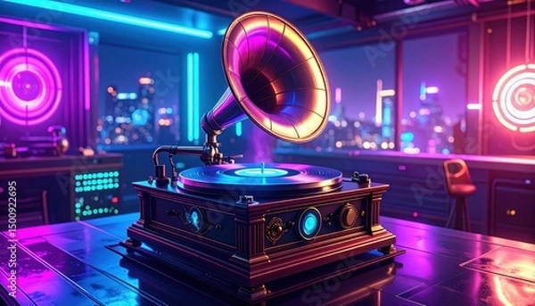 Obraz Glowing gramophone on a reflective table, city skyline visible through the window