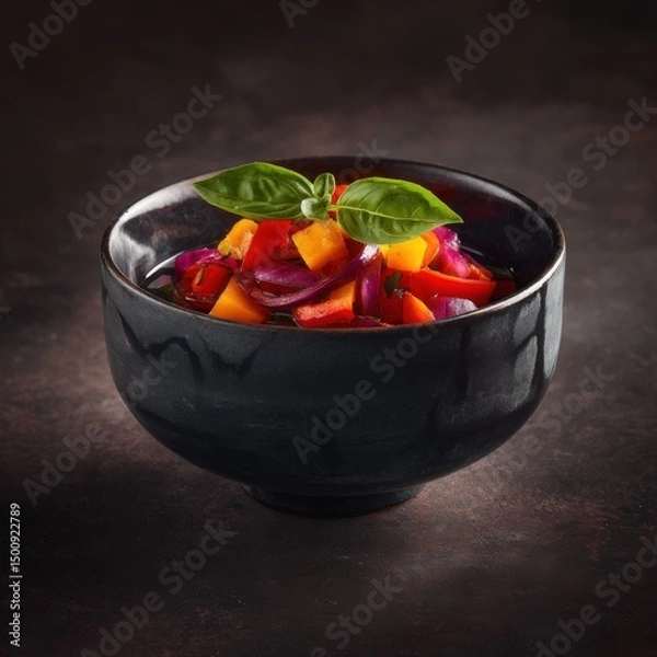Fototapeta Colorful salad in a dark bowl, topped with fresh basil, against a textured background