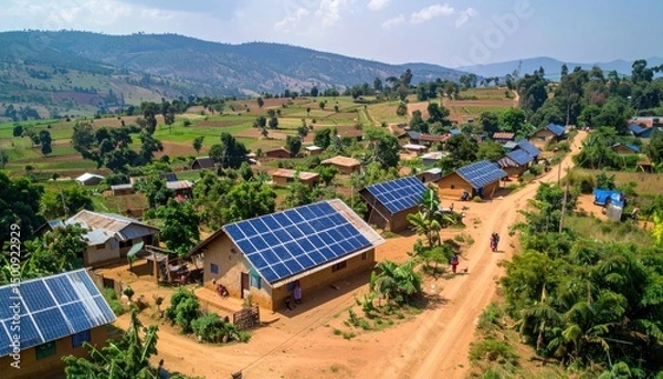 Obraz Rural village homes with solar panels. Distant hills in view. Dusty path leading through