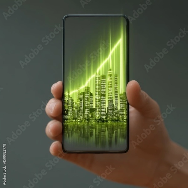Fototapeta Glowing city skyline with rising graph displayed on handheld smartphone