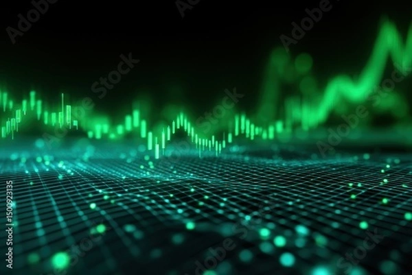 Fototapeta Green graph overlayed on grid of glowing dots, suggesting data analysis and growth