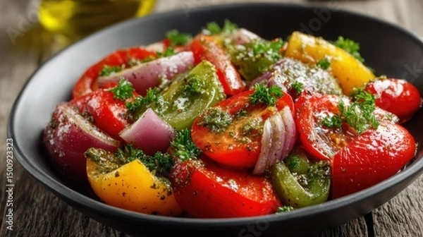 Fototapeta Sautéed peppers & onions, sprinkled with herbs in a black bowl, sits on a rustic wood table
