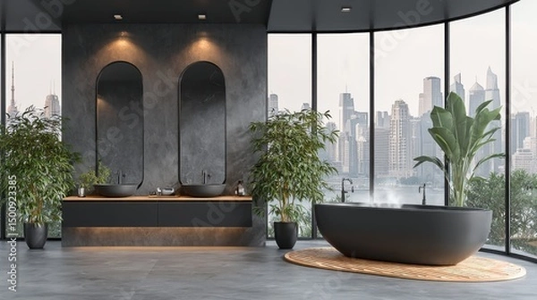 Fototapeta Modern bathroom with city view, sleek fixtures, grey walls, oval mirrors, plants, and steam from the tub