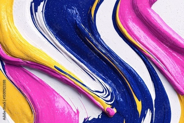 Fototapeta Swirling colors converge. Paint flows gracefully in white, pink, yellow, and deep blue with subtle granular texture
