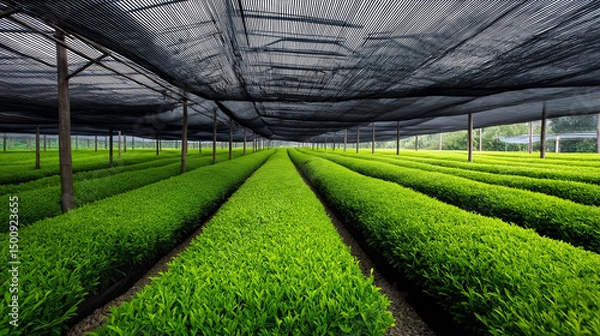 Obraz A wide view of a lush green tea plantation under black shade cloth, organized in perfect rows
