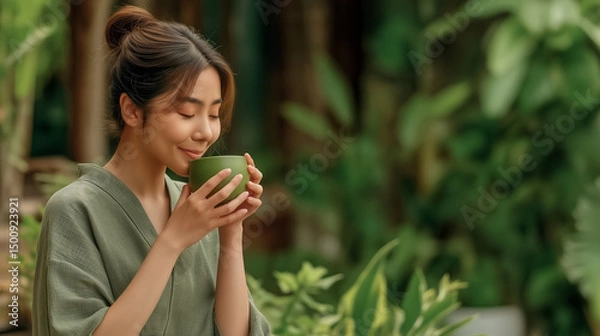 Obraz A woman enjoying a cup of matcha tea outdoors, eyes closed, surrounded by green plants. The moment feels peaceful and refreshing