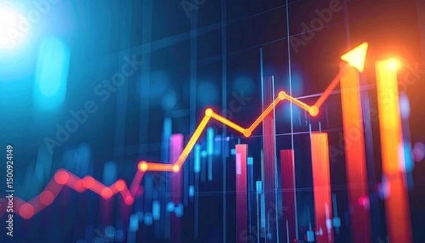 Obraz Rising stock data graph, bars, arrow up; blue back, orange/red glow