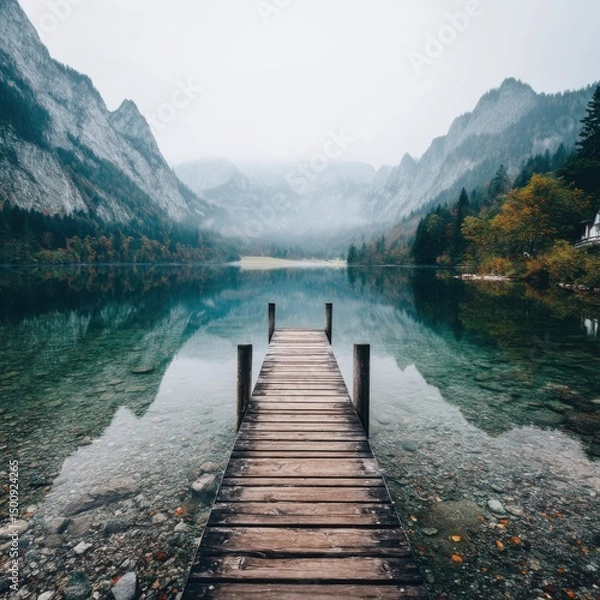 Fototapeta Serene lake scene; wooden dock extends into clear water beneath misty, towering mountains