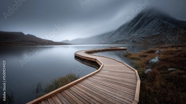 Fototapeta Serpentine boardwalk extends into still lake beneath misty mountains