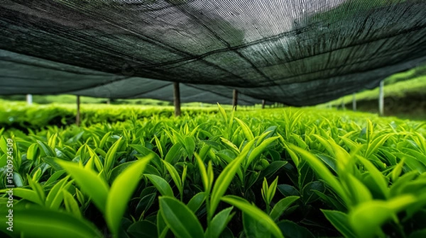 Obraz Close-up of green tea leaves growing under protective shade in a tea field