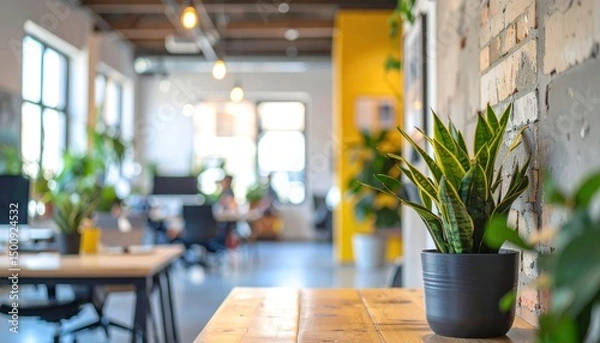 Obraz Office with plant, bright walls, & brick texture; people blurred in the background