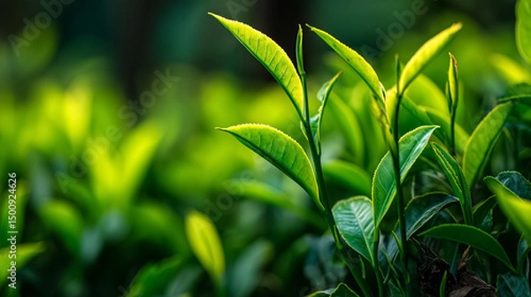 Obraz Close-up of vibrant green tea leaves growing under natural sunlight, showing texture and freshness