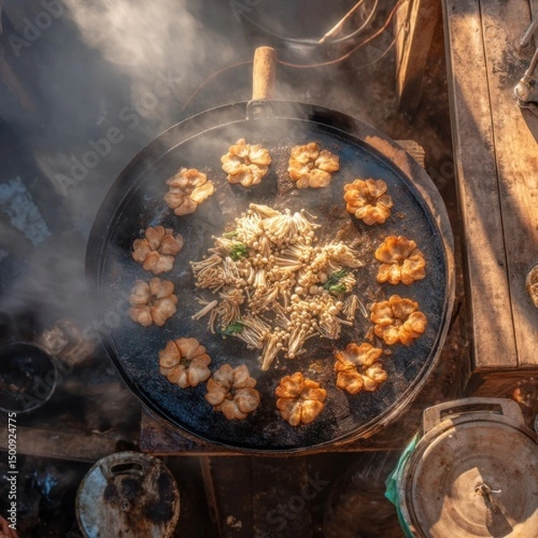 Fototapeta Round pan with ring of fried buns and sauteed vegetables steaming