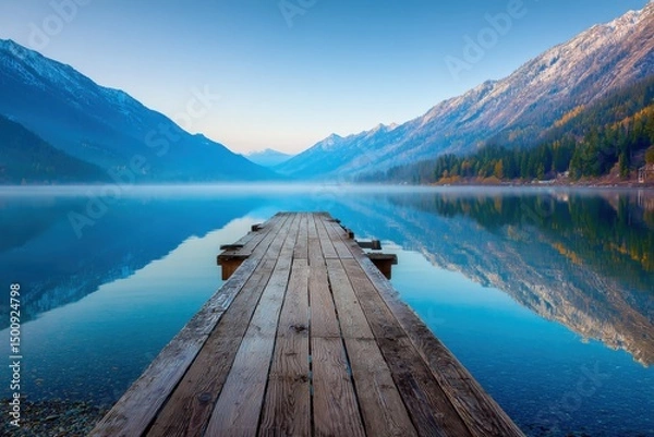 Fototapeta Serene lake scene weathered wooden dock extends into tranquil blue water, mirrored mountains in background, soft morning light