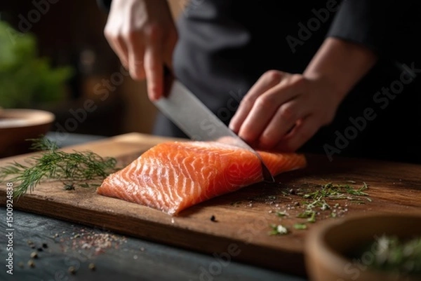 Fototapeta Salmon slicing on wooden board with herbs