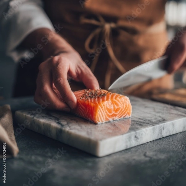 Fototapeta Chef prepares salmon fillet on marble board, sprinkling herbs; sharp knife visible