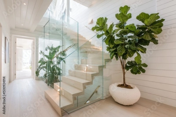 Fototapeta Bright hall Wooden staircase, glass railings, large green plants, white walls, and light wooden floors create a modern, airy interior