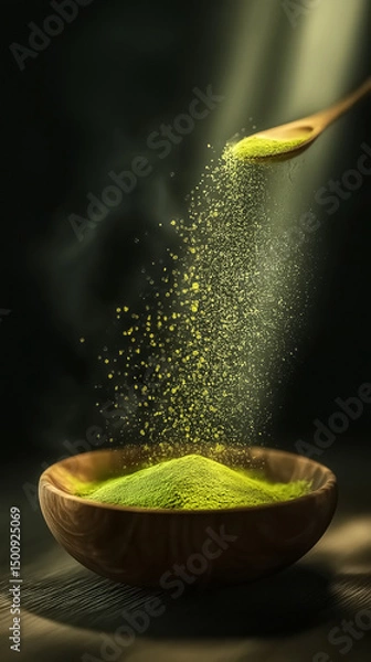 Obraz Finely ground matcha green tea powder falling from a wooden spoon into a bowl, illuminated by dramatic lighting