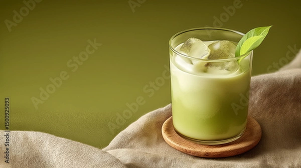 Obraz A refreshing glass of iced matcha latte with ice cubes and a green leaf, set on a soft linen cloth and wooden coaster