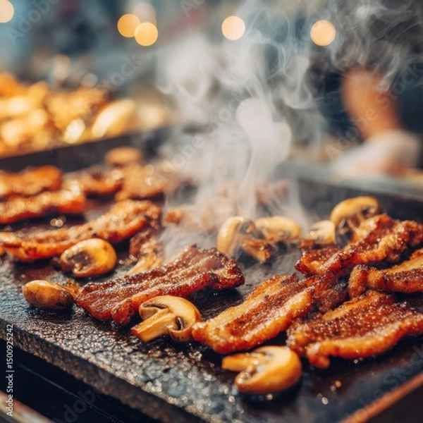 Fototapeta Smoking meat and mushrooms cook on a flat grill with bokeh background