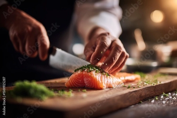 Fototapeta Salmon being prepared, cut on a wood board, garnished with chives. Close-up shot of the hands and food
