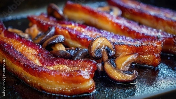 Fototapeta Crispy bacon strips and sautéed mushrooms in a pan, glistening with oil