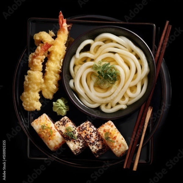 Fototapeta Black tray holds udon noodles, tempura shrimp, sushi, and chopsticks