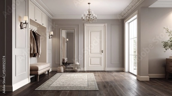 Fototapeta Elegant entryway. Cream walls with paneling, dark wood floor, large mirror, chandelier, bench, coats, and light streaming through the window