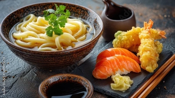 Fototapeta Japanese udon, tempura & salmon nigiri served with soy sauce