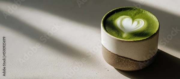 Obraz A cup of green matcha latte with heart-shaped foam art in soft natural light