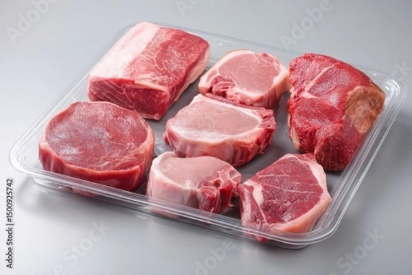 Fototapeta Assorted raw pork cuts in clear plastic tray