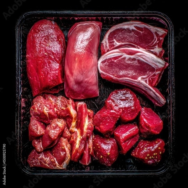 Fototapeta Assorted raw red meat cuts arranged in a black tray, ready for cooking, viewed from directly above