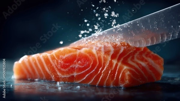 Fototapeta Salmon steak being cut with knife; salt grains floating