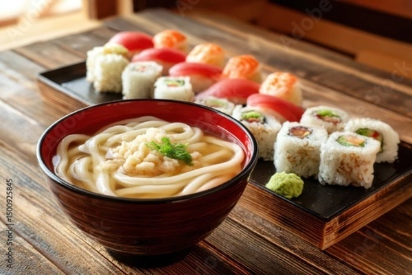 Fototapeta Sushi and Udon on Wood
