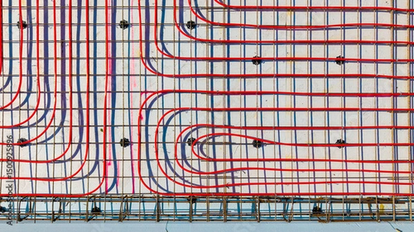 Fototapeta Underfloor heating system with red pipes on construction site, Close-up of underfloor heating installation using red pipes laid on a foundation grid at a building, view of the top