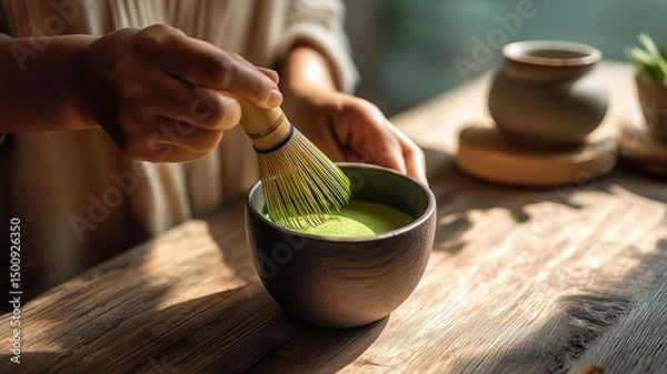 Obraz Preparing matcha tea on a wooden table in a sunny peaceful room