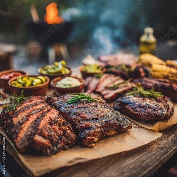 Fototapeta Grilled meats & sides on a wooden board outdoors, with a fire grill in the background, blurry & warm atmosphere