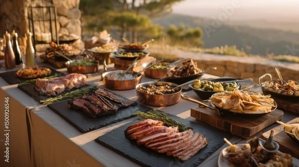 Fototapeta Abundant buffet on stone terrace overlooking a blurred valley at sunrise