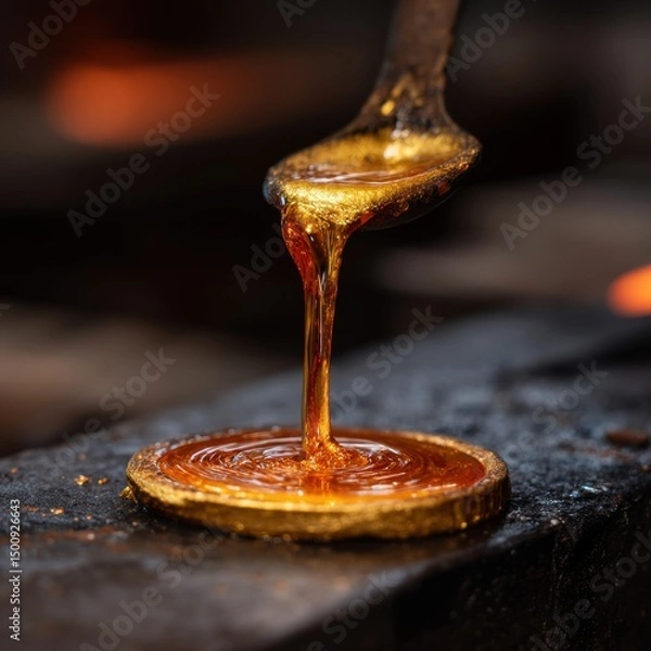 Fototapeta Molten amber liquid drips from a spoon onto a dark, textured surface, creating a small circular pool