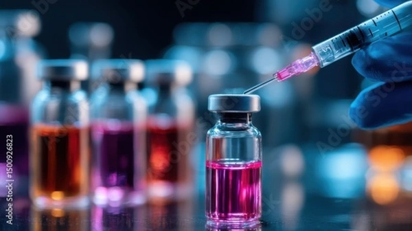Fototapeta Vial filled with pink liquid being extracted by syringe, amidst blurry vials