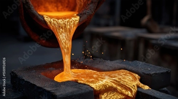 Fototapeta Molten metal pours from a crucible into a mold, splashing and creating a fiery, shiny liquid, industrial setting