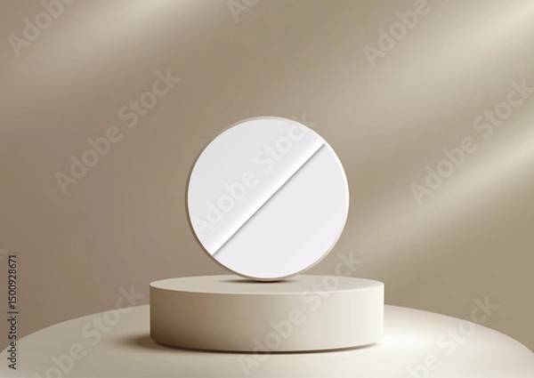 Fototapeta minimalist white pill on beige pedestal mockup, health product display isolated on gradient backdrop, medical showcase clean aesthetic