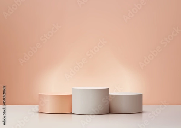 Fototapeta minimalist product showcase on cylindrical pedestals pastel tones peach beige white glossy surface smoke background winner concept mockup
