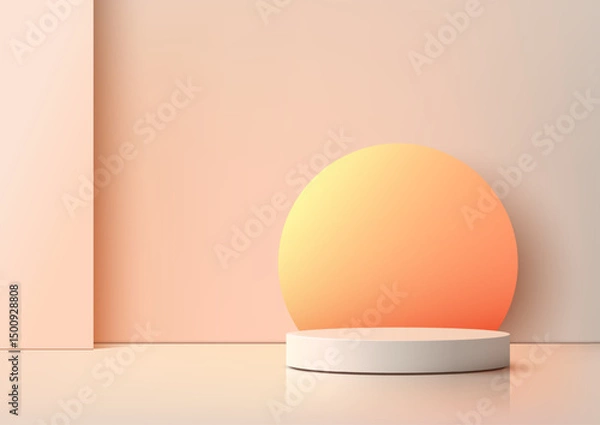 Fototapeta minimalist white circular podium mockup for product display on warm peach backdrop modern 3d showcase