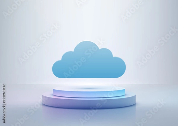 Fototapeta minimalist 3d cloud floating above glowing white podium modern technology concept mockup showcase futuristic abstract design