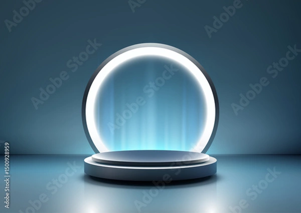 Fototapeta 3d futuristic blue metallic podium with glowing circular frame modern technology mockup showcase